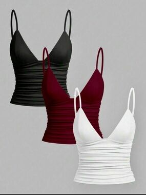 3 PACK! White, Black, and Burgundy Ruched V-Neck Crop Top